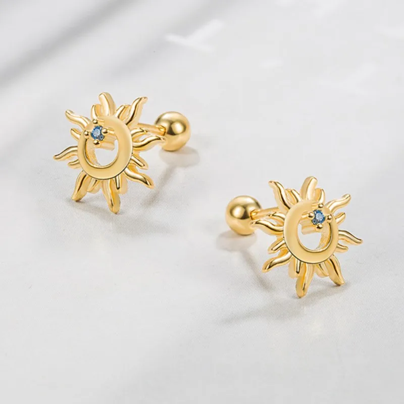 Hollow Sun Totem Blue Zircon Stud Earrings for Women Minimalism Classic Earring Wedding Party Jewelry Gifts