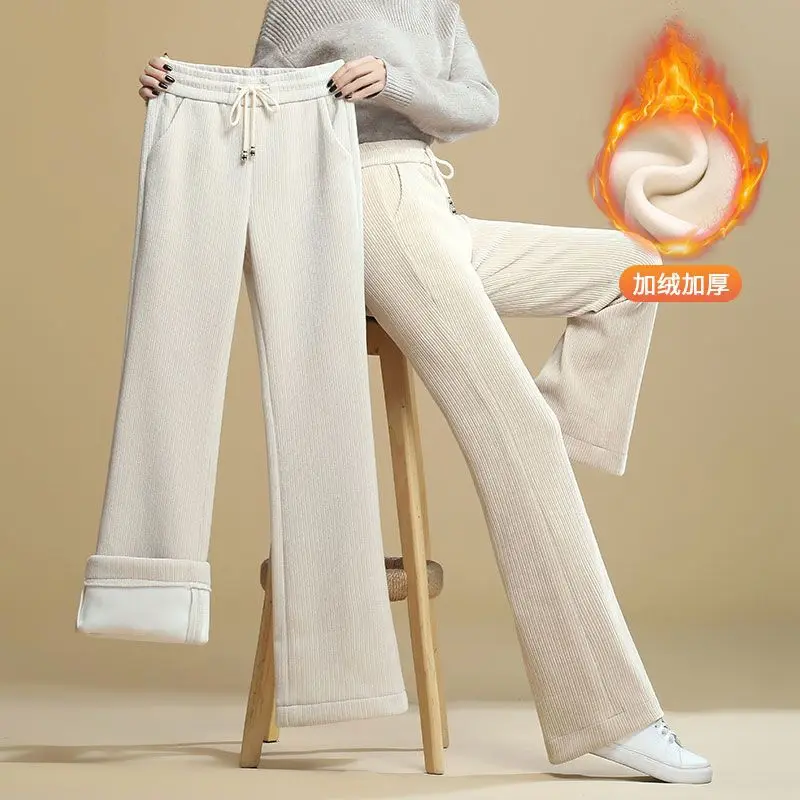 Fall Winter Wide Leg Pants Womens High Waist Plus Velvet Baggy Straight Trousers Casual Korean Fashion Thicken Warm Pantalones