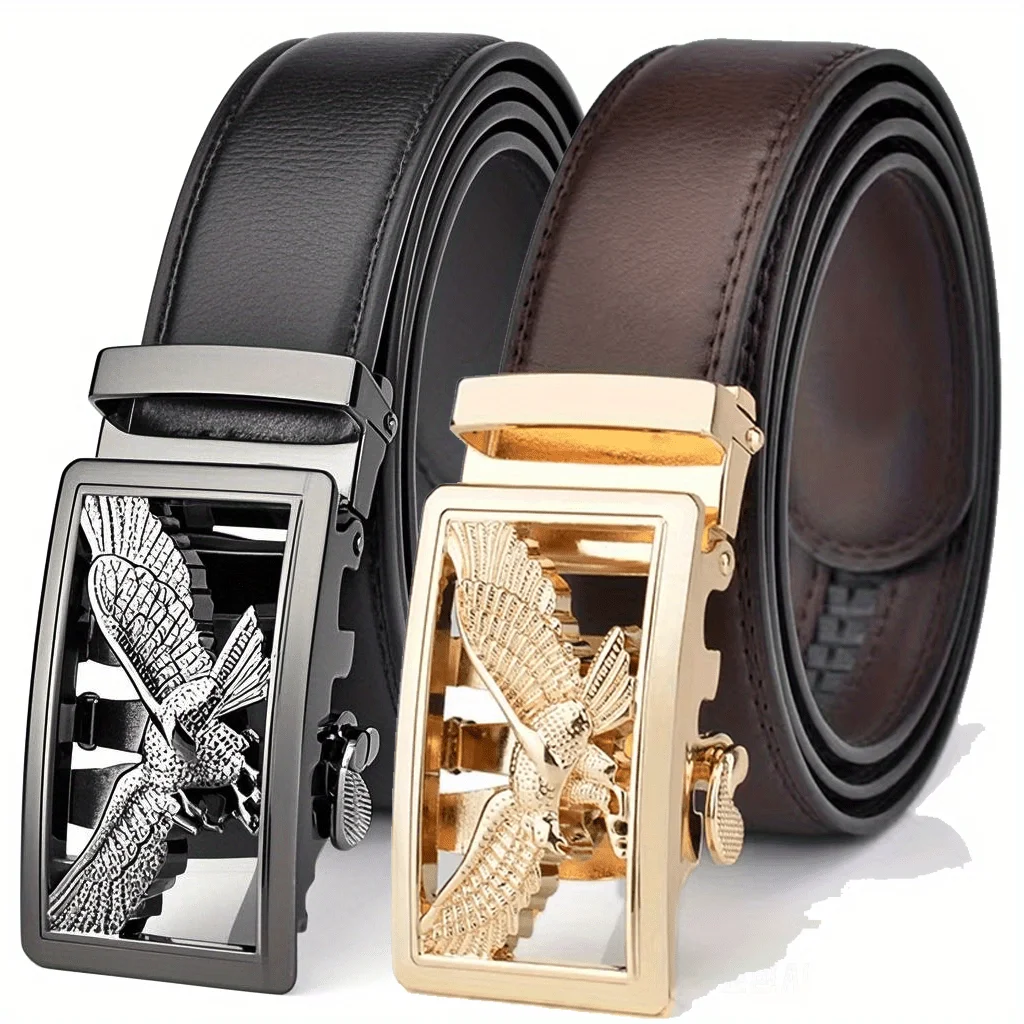 Men's Business High-quality Casual Belt Golden Gun Color Eagle Pattern Utomatic Buckle Plus Long Size 105-170cm Durable Material