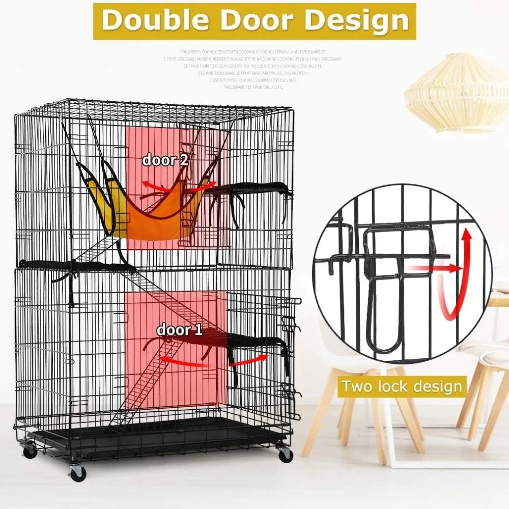 4-Tier 48 Inches Cage Crate Cat Kennel Cat Playpen with Free Hammock 3 Bed 2 Front Doors 3 Ramp Ladders Perching