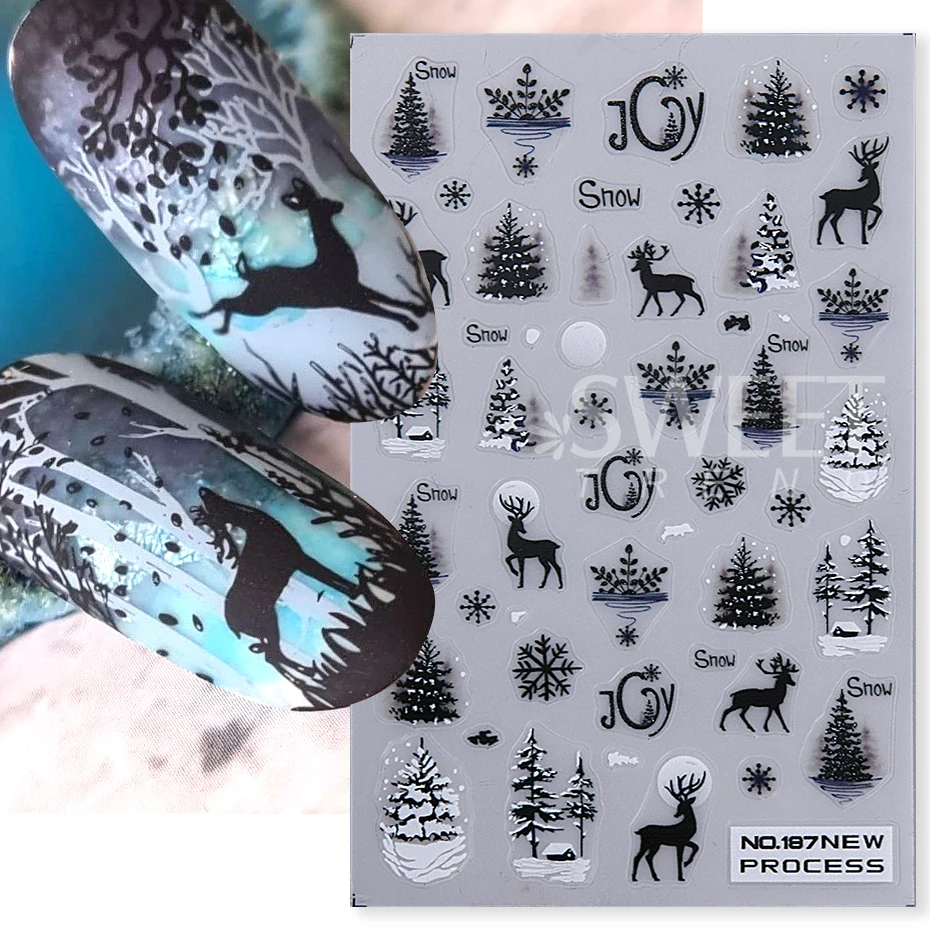 2pcs Christmas Series Nails Manicure Stickers Forest Elk Snowman Penguin Bunny Bear Design Foils Winter Silhouette Decals Decor
