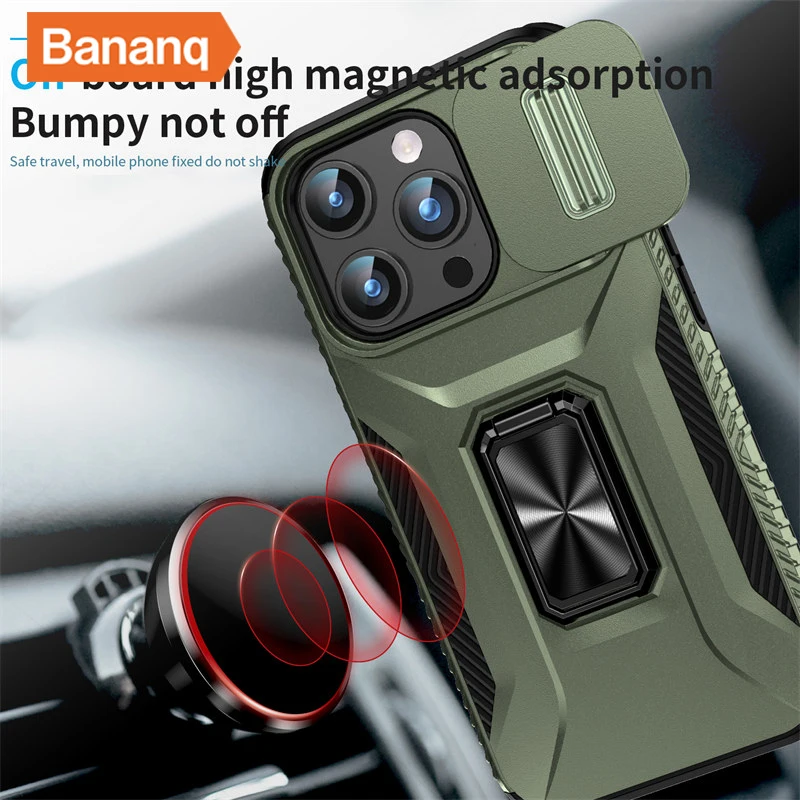 Bananq Slide Push Window Kamera-Rückseitenhülle für iPhone 15 14 Plus 13 12 Mini 11 Pro Max Stoßfester magnetischer Ringständer_voghion.com
