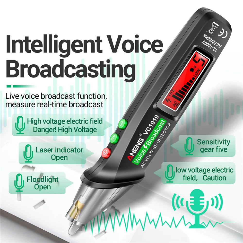 ANENG VC1019 AC 12V-1000V Electrical Tester Intelligent Voice Broadcast Tester Pen Voltage Tester Electric Wire Detector 6