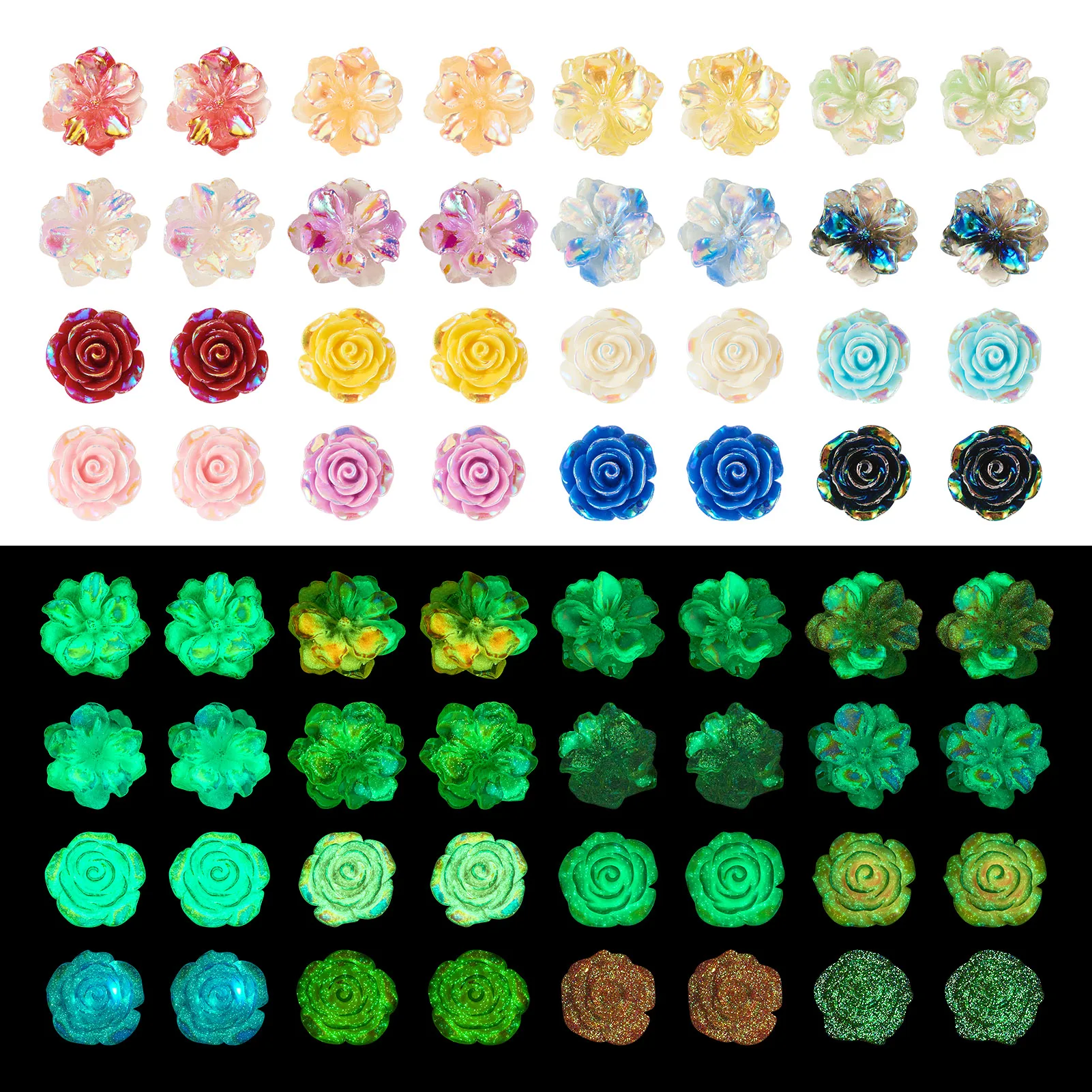 

48Pcs Mixed Styles Flower Luminous Opaque Resin Cabochons Glow in the Dark Flat Back Cabochon DIY Jewelry Decorative Accessories