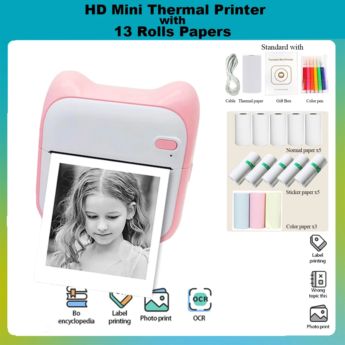 Description Picture 5 of item13 Rolls Printer Mixed paper Portable Thermal Printer for Pictures/Retro-Style Photos/Receipts/Notes/Lists/Label/Memo/QR Codes