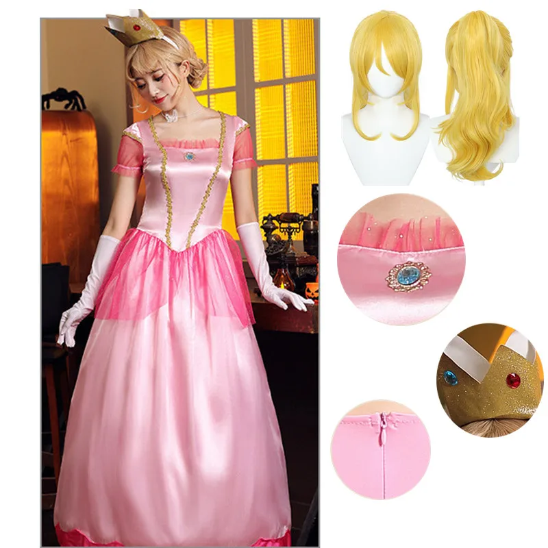 

Peach Princess Classic Game Costume Girls Carnival Cosplay Party Pink Dress Birthday Stage Luscious Uniform Headwear Gloves