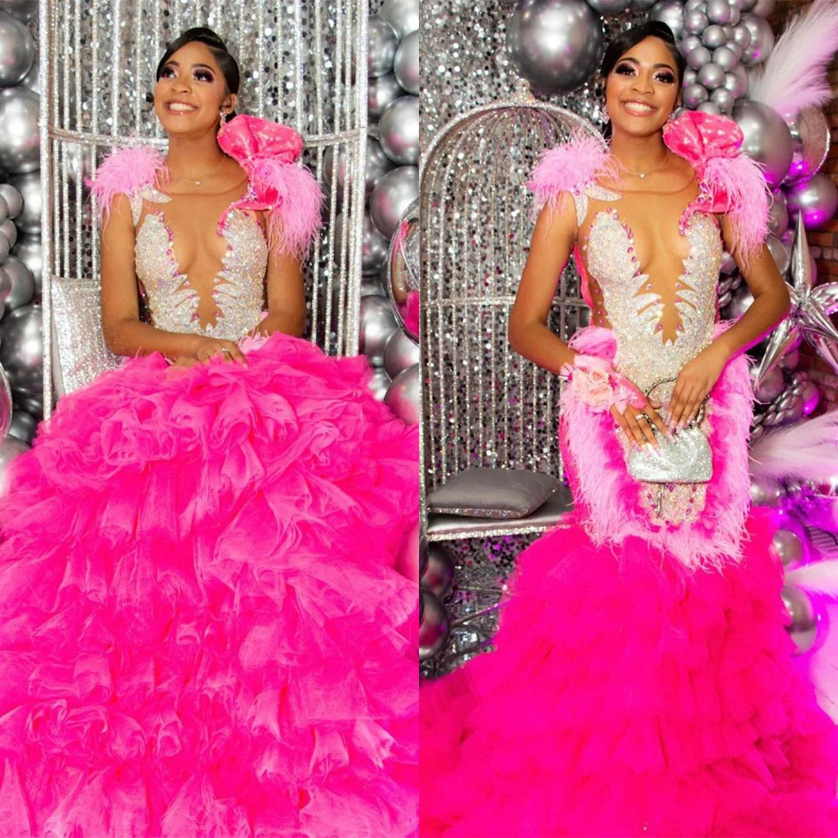 

New A Line Evening Dresses Sexy Feather Appliques Lace Prom Gowns Custom Made Sweep Train Special Occasion Wear