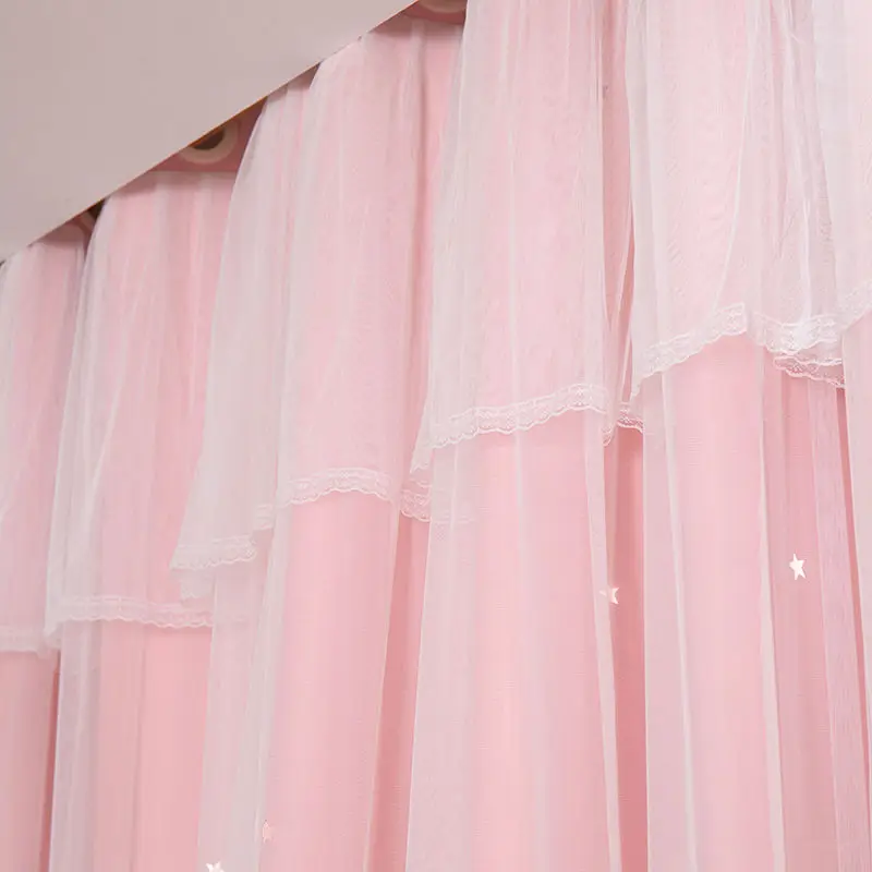 Hollow Out Star Princess Style Pink Double Layer Curtain Blackout Curtain for Living Room Bedroom 3