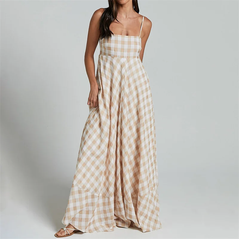 Summer Long Dresses Women Plaid Print Spaghetti Strap Sleeveless A Line Dresss Vacation Party Dresses Beachwear