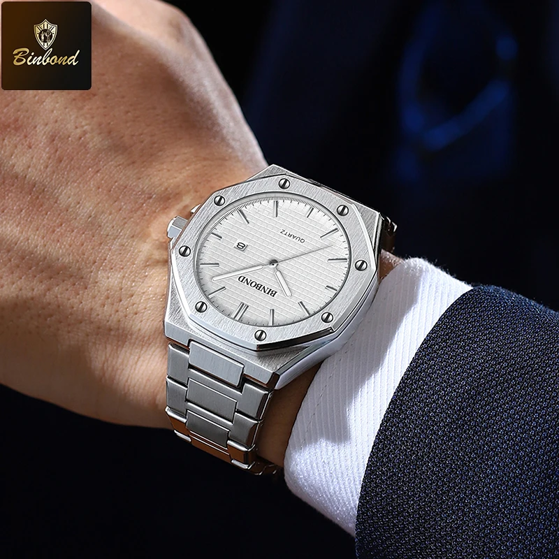 BINBOND Silver Stainless Steel Men's Quartz Watch with Luminous Display and Calendar