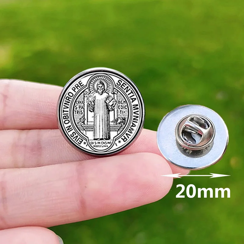 Saint Benedict Medals Pin Stainless Steel Cross Catholic Glass Picture 7 Styles Brooch Men Religious Jewelry Gift