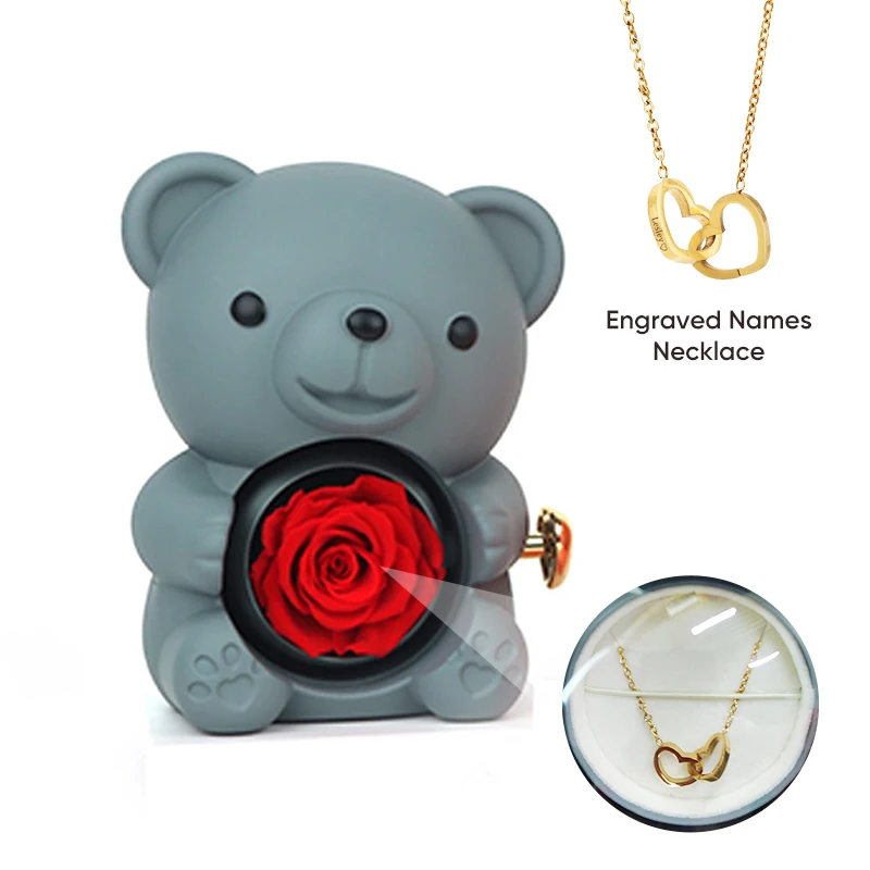 

2024 Gray Red Eternal Rose Bear Jewelry Gift Box Custom Name Necklace Valentines Day Mothers Day Christmas Birthday Gift for Her