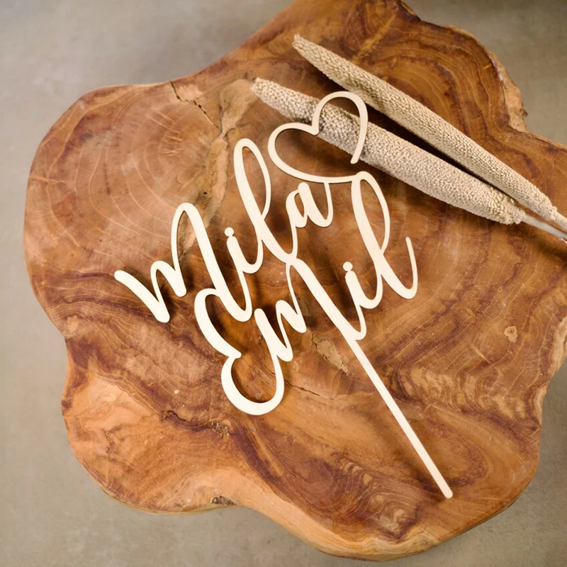 

Custom Wedding Cake Topper Personalized With Name And Wooden Heart