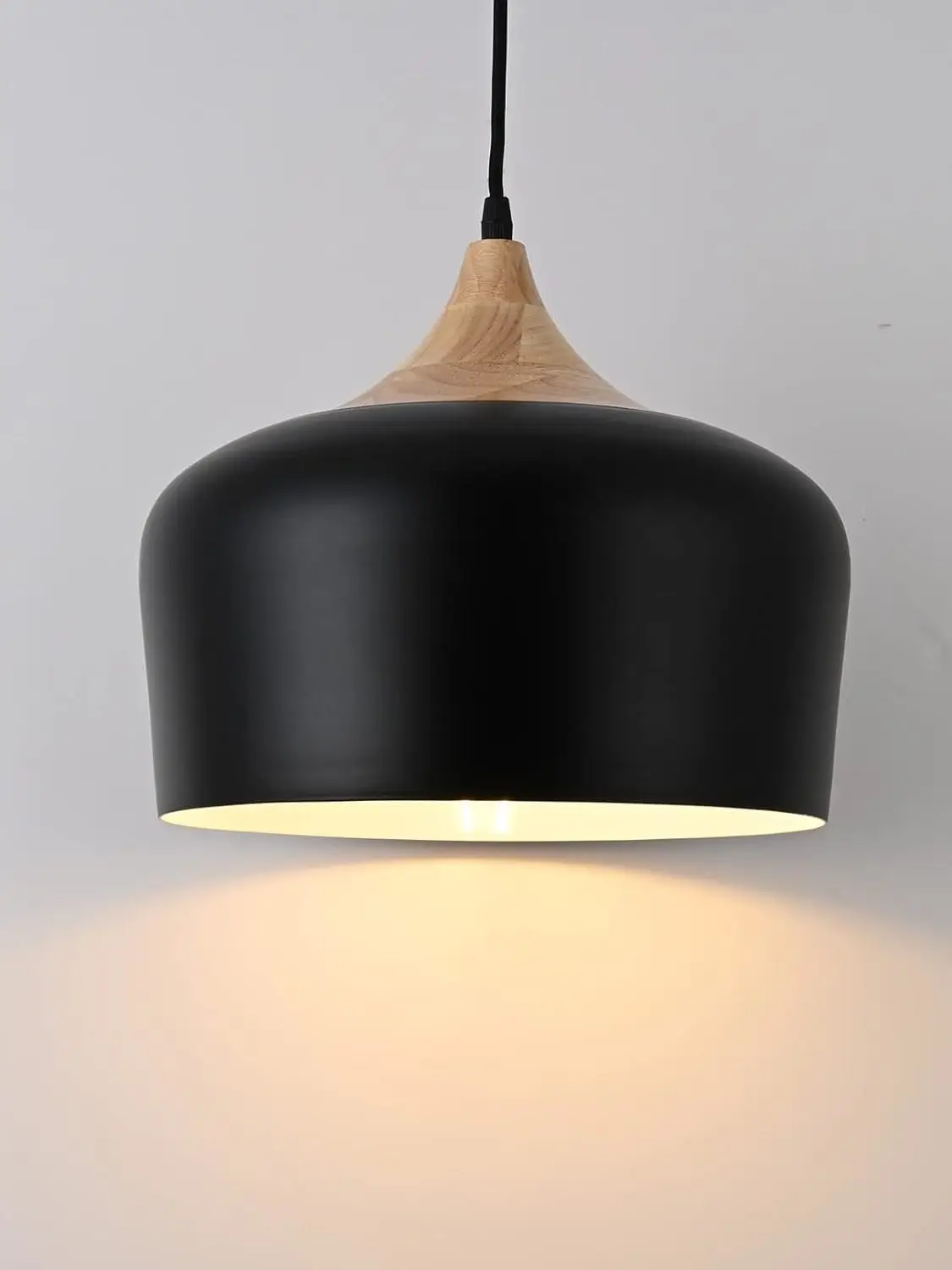 

dern Industrial Pendant Light, Adjustable Wood Ceiling Hanging Lighting with Dome Black Metal Shade,Farmhouse Minimalist