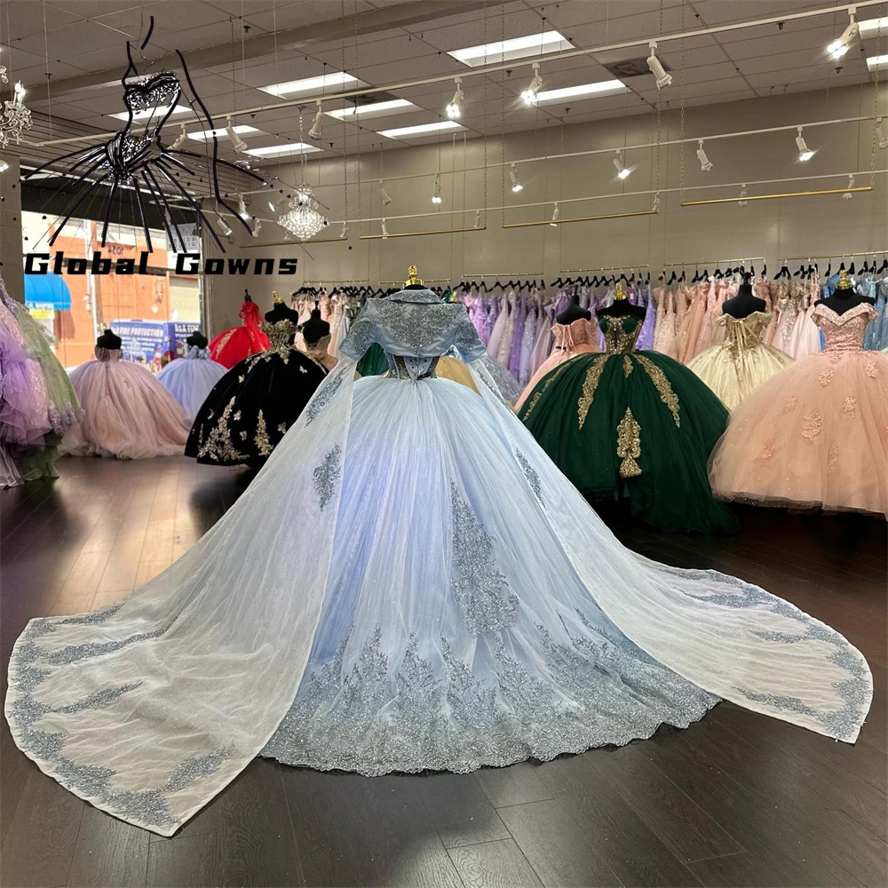

Mexico Blue Sweetheart Quinceanera Dress 2023 Beaded Crystal Birthday Prom Dress Appliques Ball Gown With Long Sleeve Sweet 16