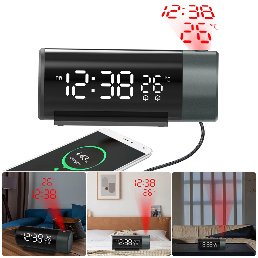 

Projection Alarm Clock Digital Clock Thermometer with 180° Rotatable Projector Brightness Dimmer USB Out 5-60min Snooze 12/24H