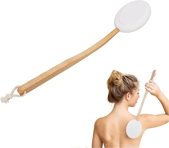 Shower Scrubber Lotion Applicator For Back Professional Wooden Long Handle With Replacement Heads For Home Men Women