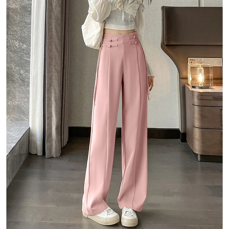 Women Clothes Vintage Chinese Style Design Chic High Waist Wide Leg Suit Pants Casual Solid Straight Trousers Elegante Pantalon