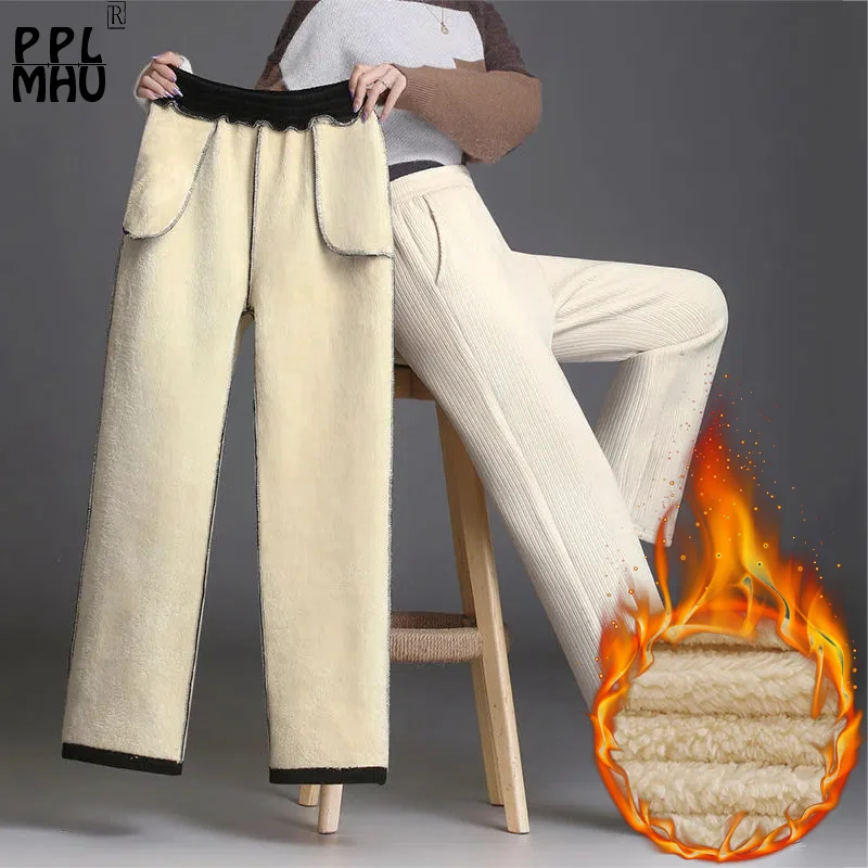 Новые зимние кашемировые широкие брюки, женские повседневные очень плотные мешковатые брюки с эластичным поясом, простые зимние брюки из синели для мам