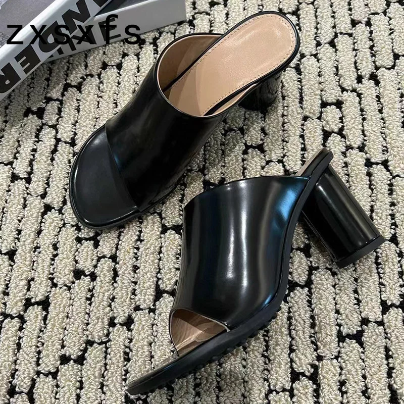 Summer Leather Round Heels Slippers For Women Slip On Peep Toe Slides Brand Designer Party Shoes Women Gladiator Sandals