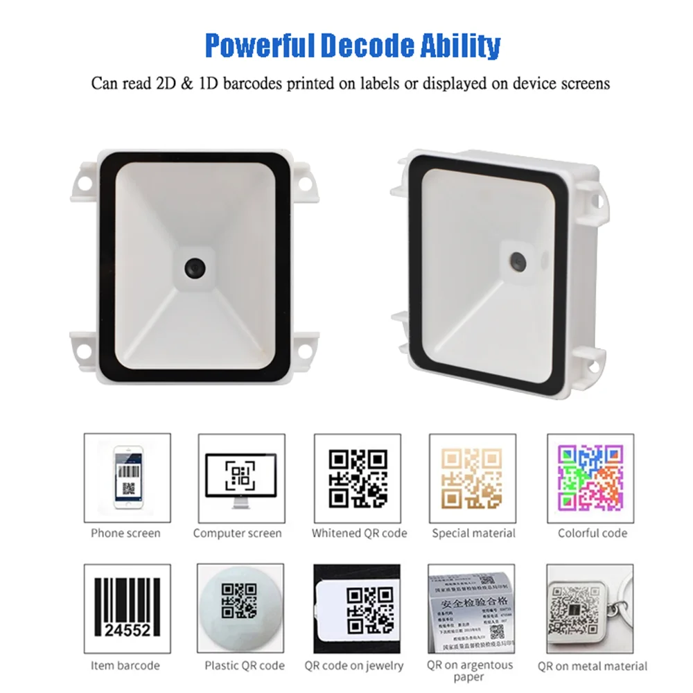1D 2D Barcode Scanner USB QR Reader RS232 TTL Interface for Kiosk Small Fixed Mount Vending Machine