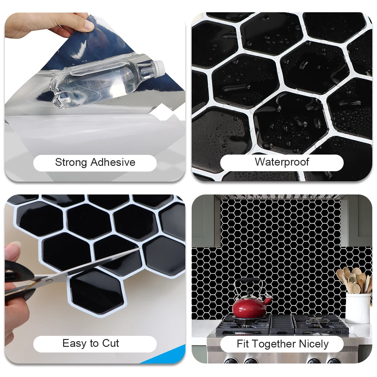 Wall Stickers Self Adhesive Stickers Self Adhesive Wallpaper Vinyl Wallpaper Kitchen Wall Sticker Adhesive Wallpaper Decorative Tile Stickers EasyTiles Hexagon Black&White Waterproof Peel and Stick 1 Sheet