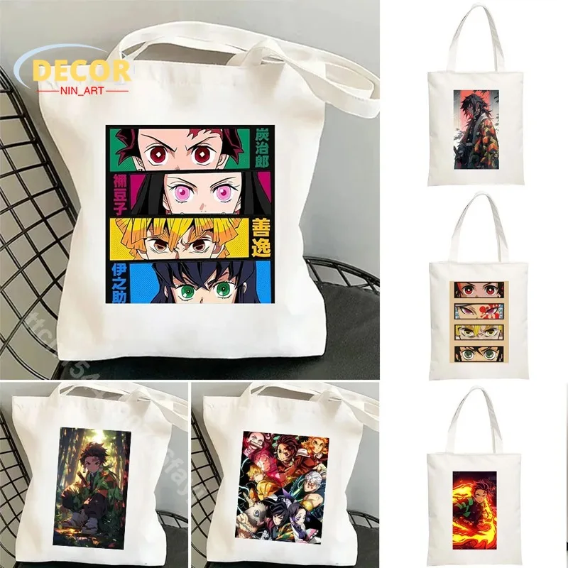 

Hot Anime Demon Slayer Shoulder Bag Kimetsu No Yaiba Tanjirou Kamado Tote Bags Canvas Summer Large Capacity Handbags Decoration