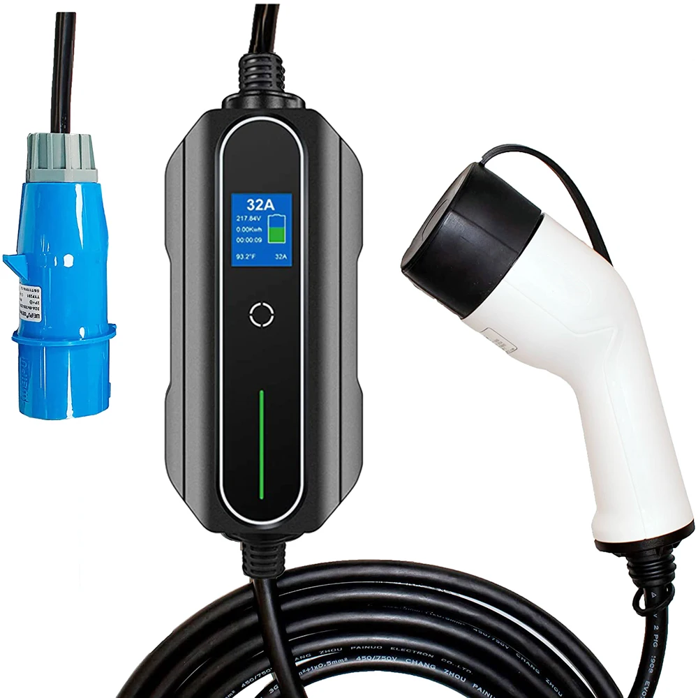 ポータブル電気自動車充電器,タイプ2,1相,7kW,32A,16A,急速充電