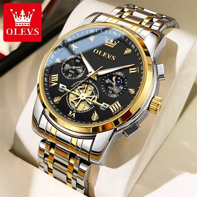 OLEVS Men's Luxury Quartz Wristwatch - Moon Phase Chronograph, Waterproof & Luminous