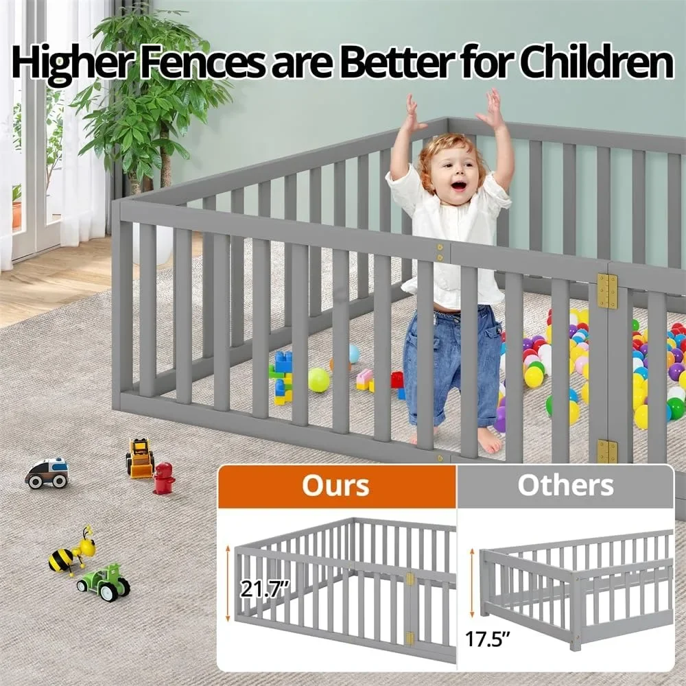 Queen Size Montessori Floor Bed, Multifunctional Wood Bed Frame with Fence & Door for Children Boys Girls Bedroom Living Room 6