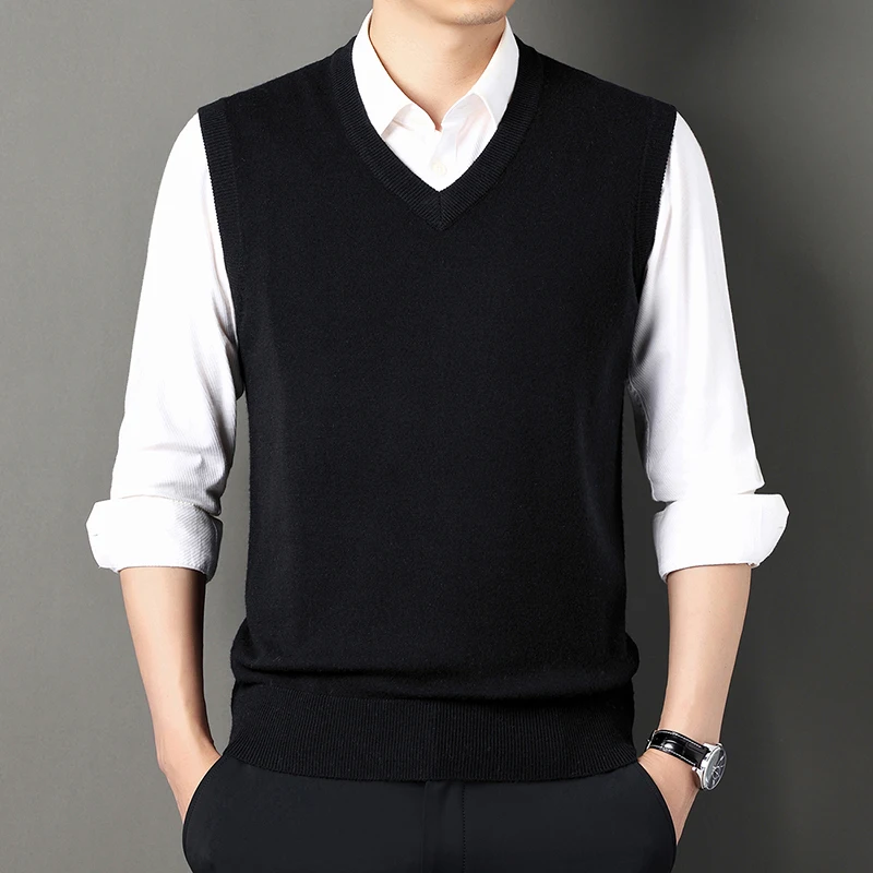 Men Sweater Vests 100％ Wool Knitted Sweater Vests Pullovers Autumn/Winter