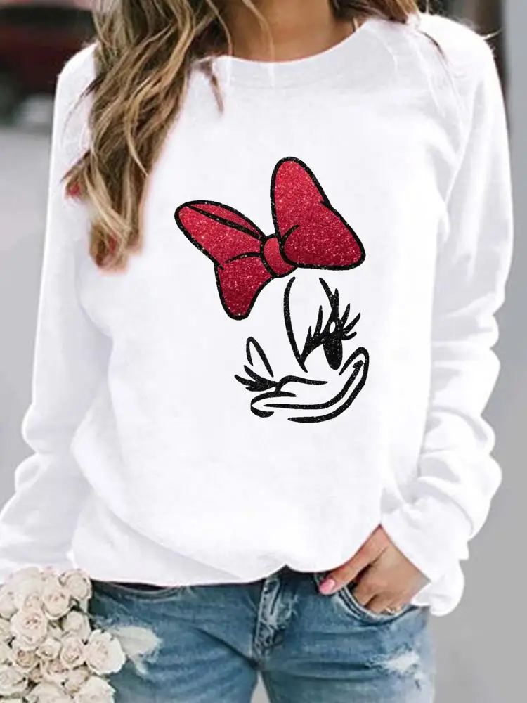 

Autumn Spring Fashion Print Mouse Ear Head Pullovers Holiday Bow 90s Style Cartoon Women Casual Female Graphic Sweatshirt