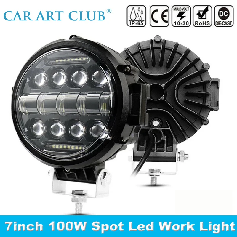 7 "100W Round Led Work Light Offroad Led Work Light Bar White Drl Light Flood Spot Beam Per Suv Atv Tractor Truck Boat Led Light