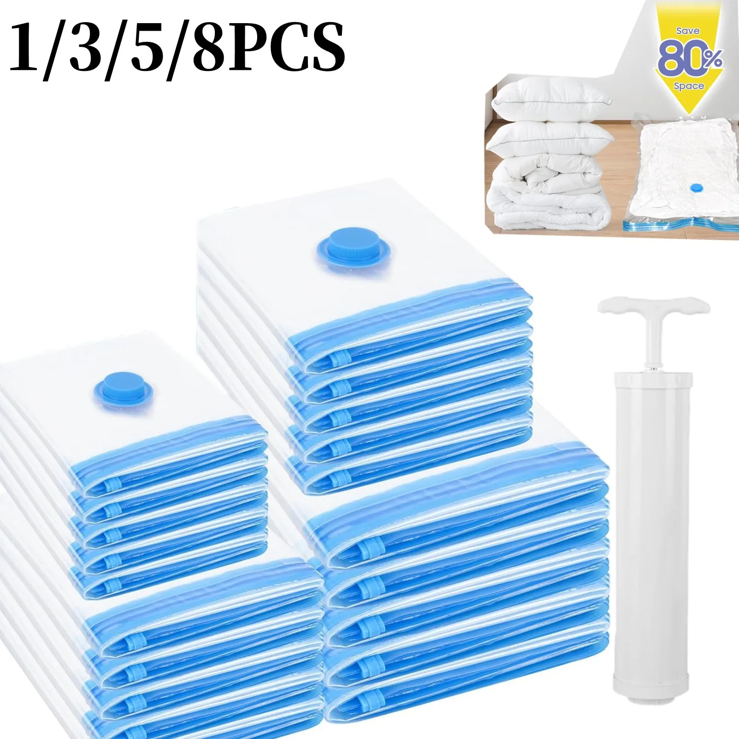 1-8PCS Vacuum Bag and Pump Cover for Clothes Storing Large Plastic Compression Empty Bag Travel Accessories Storage Container
