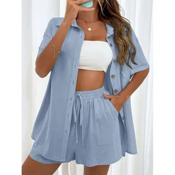 Fashion Black Short Sleeve Shirt And Shorts Two Piece Sets Women 2025 Summer Cotton Linen Casual Home 2 Piece Sets Women Outfit 1