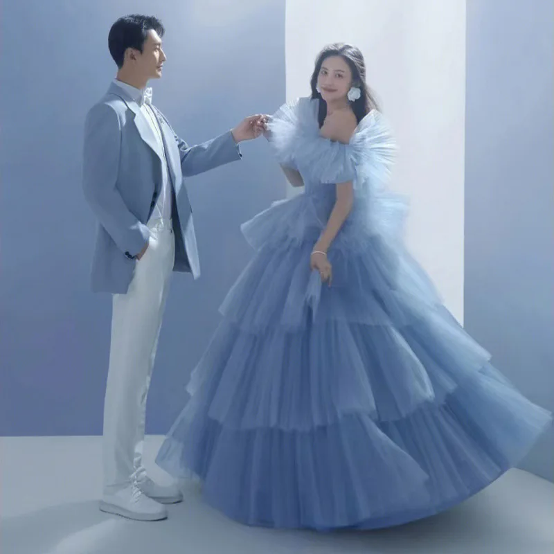 

Classic Off The Shoulder Ball Gown Dress New Elegant Blue Tulle Quinceanera Dresses Fashion Tiered Simple Puffy Prom Dress