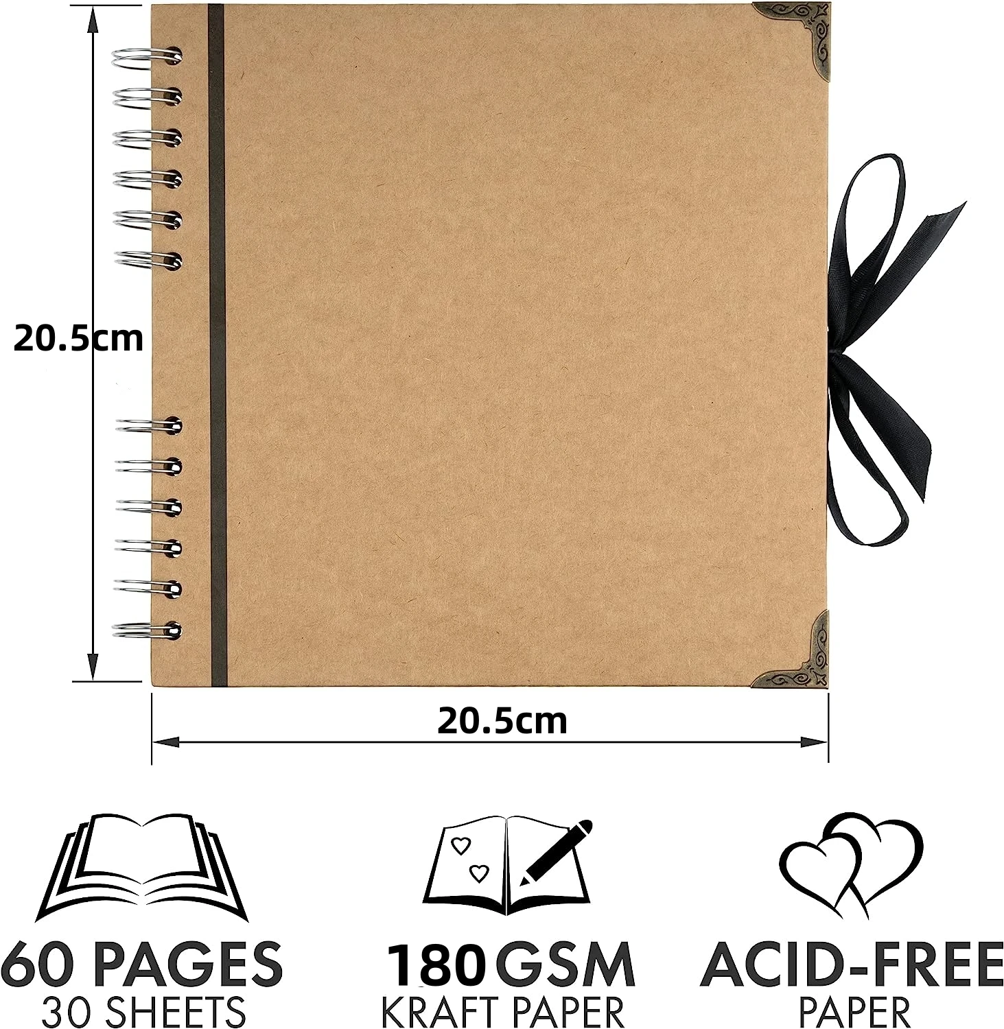 스크랩북 앨범 60페이지 (8 x 8인치) 검정색 두꺼운 180gsm 크라프트지, 모서리 보호대 - 스크랩북, 리본 잠금