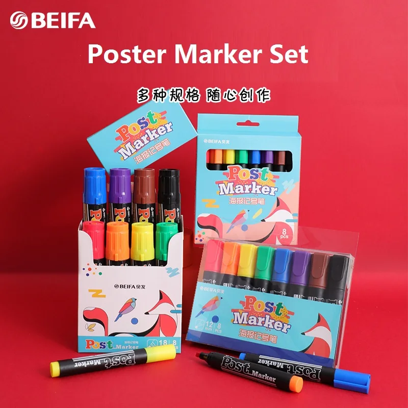 

BEIFA 8pcs Poster Marker Set,6/12/18mm Kawaii colores rotulador permanente graffiti markers Handdrawn Drawing Stylo Art Supplies