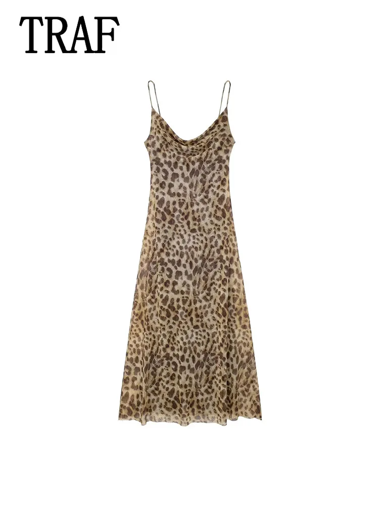 

TRAF Animal Print Slip Dress 2024 New Woman Sexy Backless Long Dresses for Women Beach Backless Slim Dresses