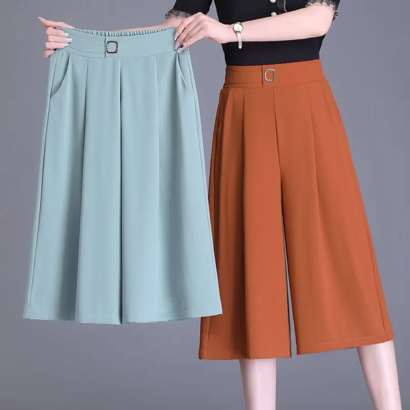 

Summer New High Waist Loose Thin Wide Leg Cropped Pants Women Solid Patchwork Pocket Simple Office Lady Casual Straight Trousers