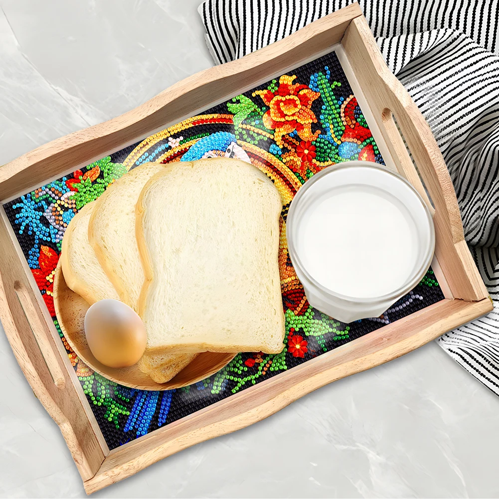 Diamond Painting Wooden Serving Tray with Handle Decorative Trays  Rectangular Wooden Tray Dinner Organizer Tray for Serving Food