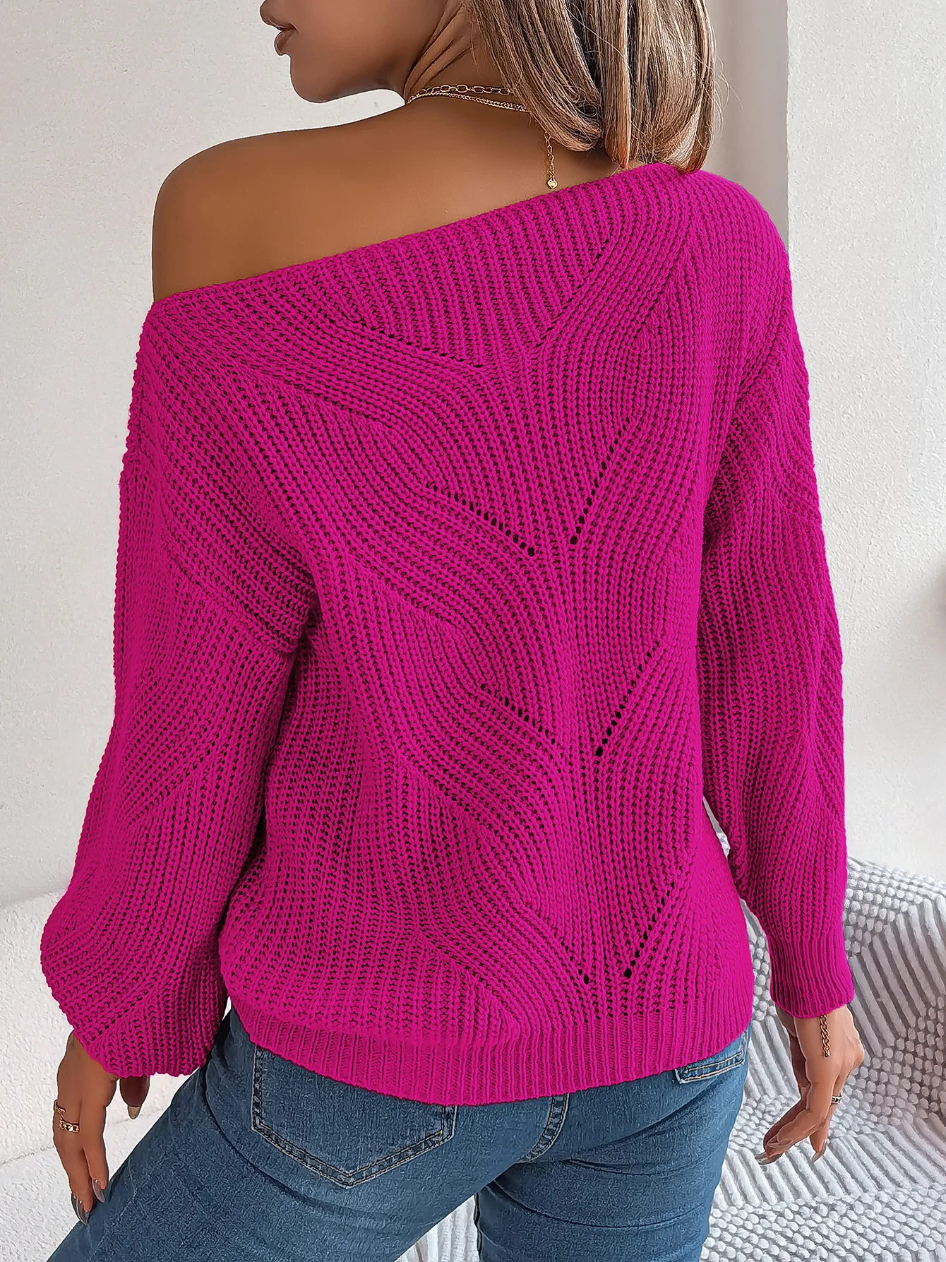 Women Pink Orange Knitted Sweater Off Shoulder Long Sleeve