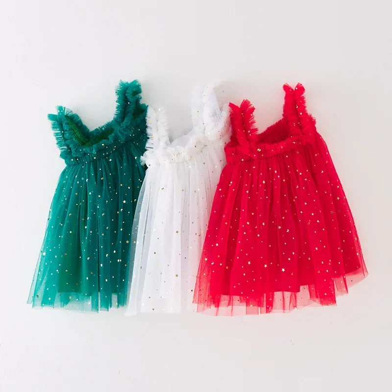 Cute Christmas Girls Tulle Princess Sling Dress Toddler Stars Sequin Puffy Dress Children Xmas Day Festivel Party Dresses