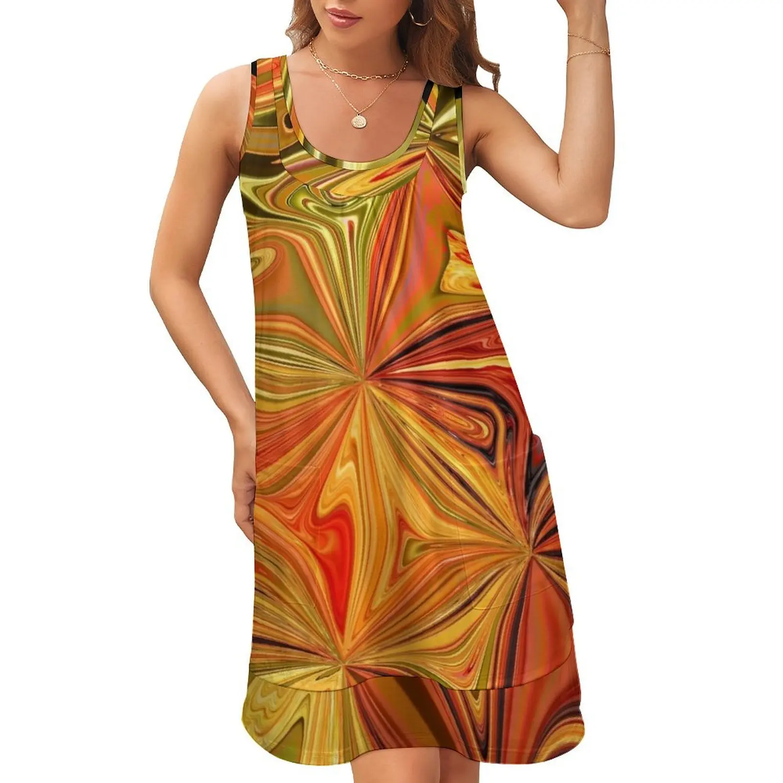 

Retro brown and yellow pattern Sleeveless U-Neck Fake Two Piece Dress elegant and pretty women's dresses summer dress women 2024
