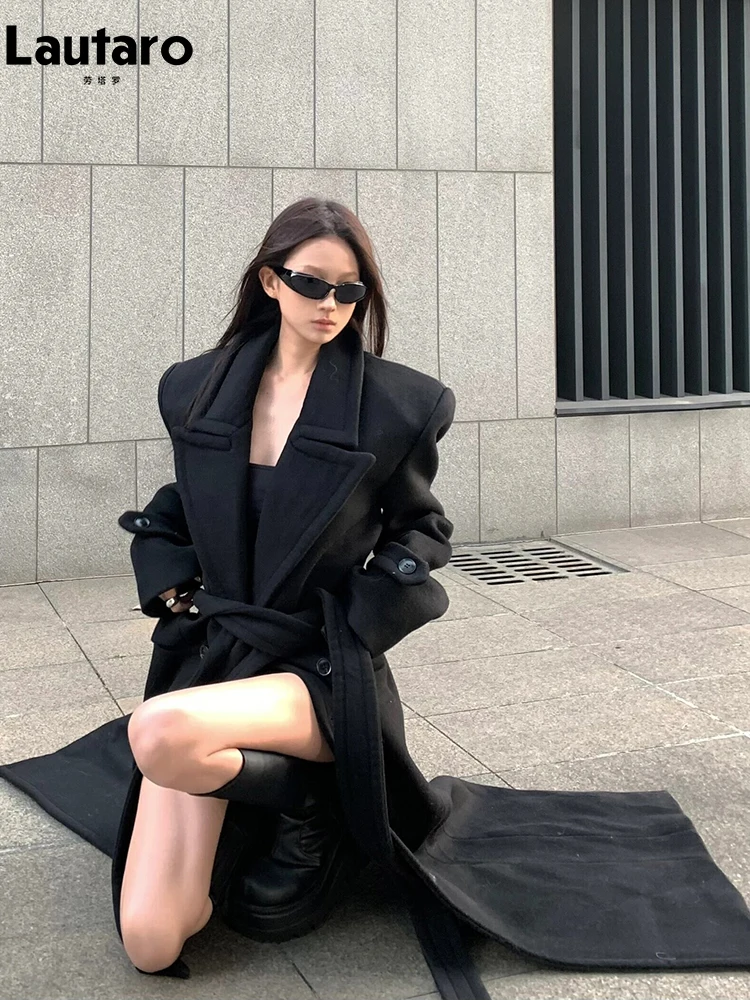 Lautaro Autumn Winter Extra Long Black Warm Wool & Blends Coat for Women Shoulder Pads Sashes Double Breasted Woolen Overcoat 3