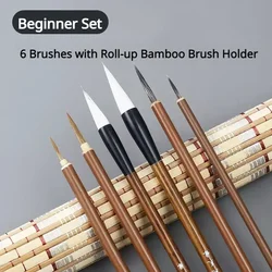 Deluxe Chinese Calligraphy Brush Set with Bamboo Roll-up Holder for Sumi Painting and Watercolor Art (6pcs Beginner Set)