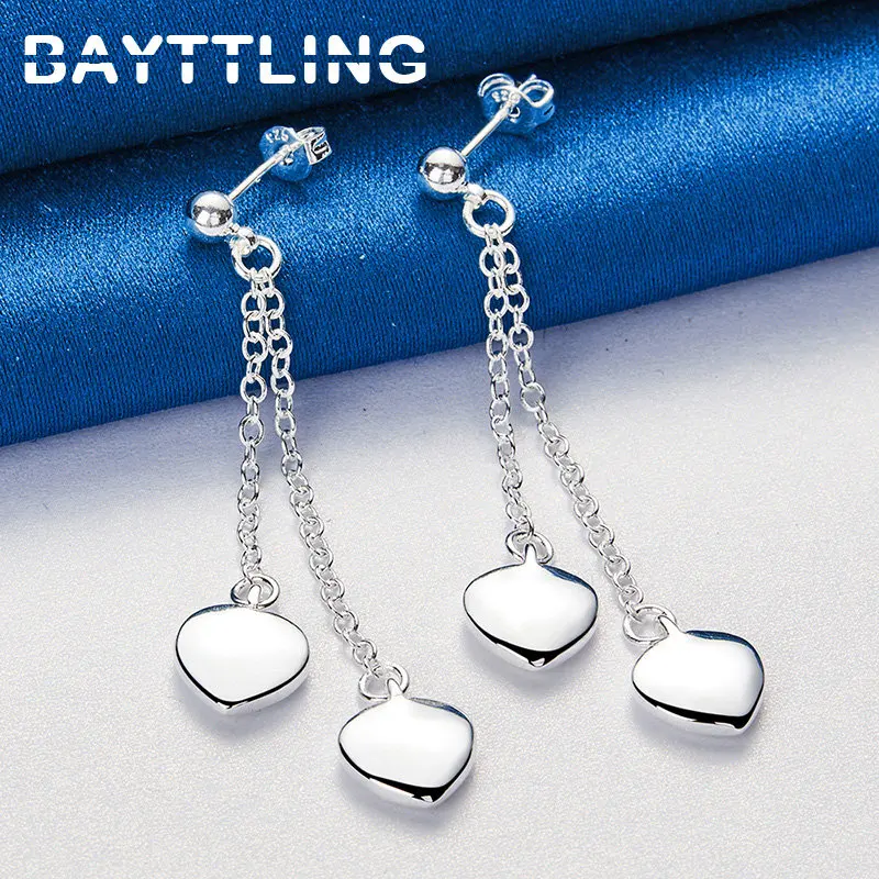 

47MM 925 Sterling Silver Glossy Tassel 2 Hearts Drop Earrings Charm Women Fashion Party Wedding Wife Jewelry Gifts Accessories