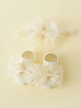 2 pezzi/set fiocchi di pizzo per bambini fascia elastica e calzini di cotone antiscivolo, calzini per neonate set di fasce per capelli copricapo per neonati 1