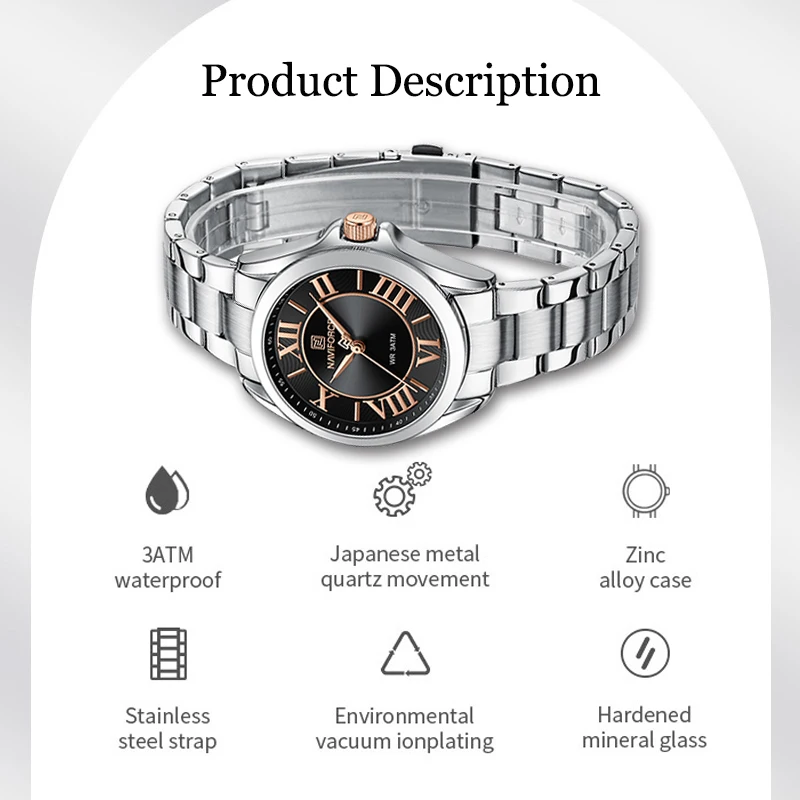 NAVIFORCE NF5037 Women Watches Fashion Business Brand Ladies Stainless Steel Wristwatch with Roman Numeral Dial Relogio Feminino