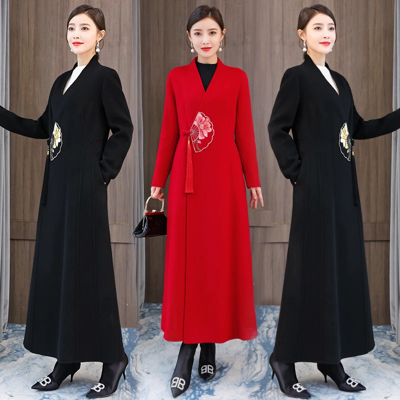 

Chinese wool coat retro embroidery Chinese style women's dress ancient style cheongsam coat women's dress